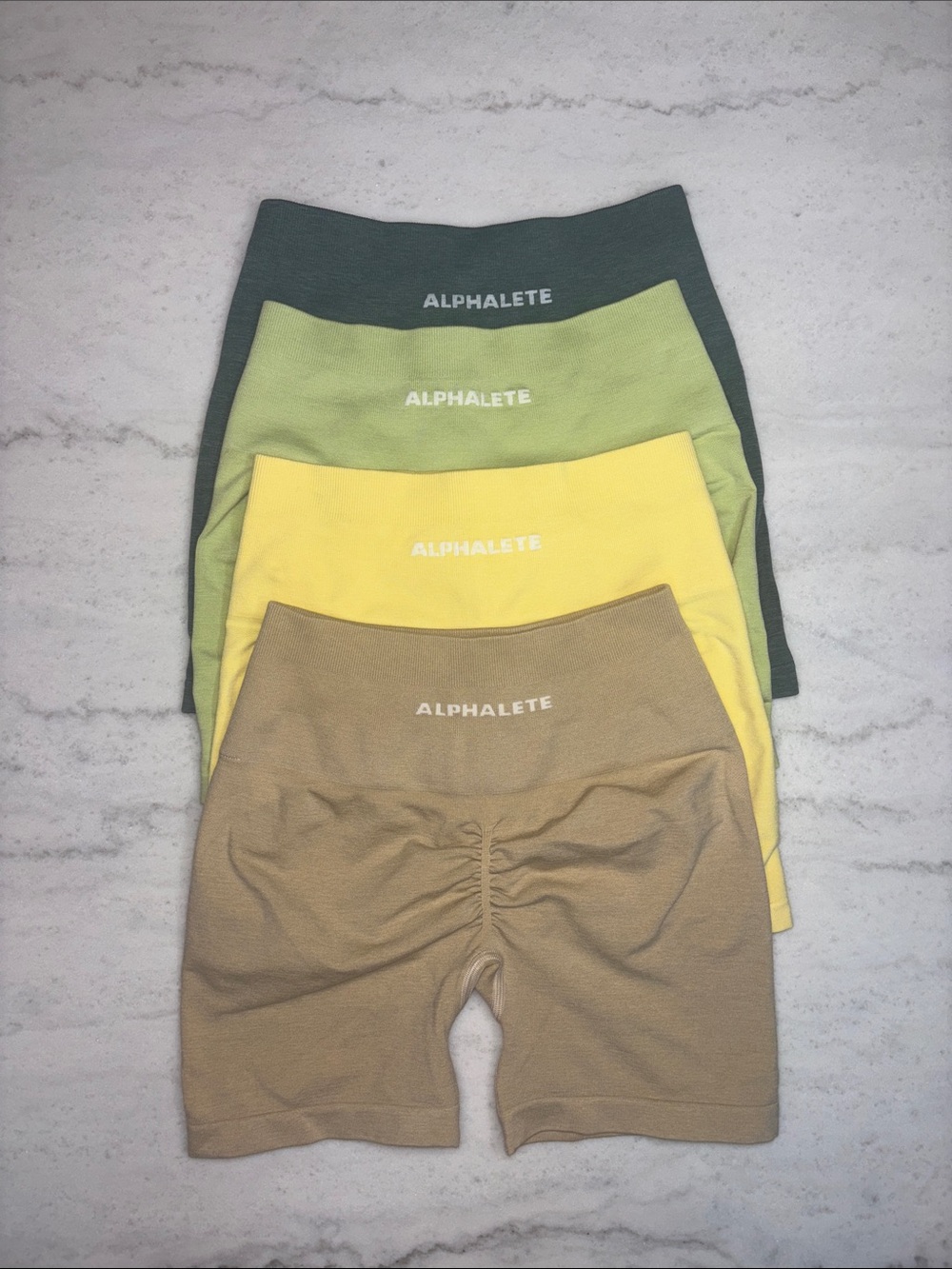 Alphalete Amplify Seamless Woman’s Athletic Shorts Green Yellow Beige Bundle